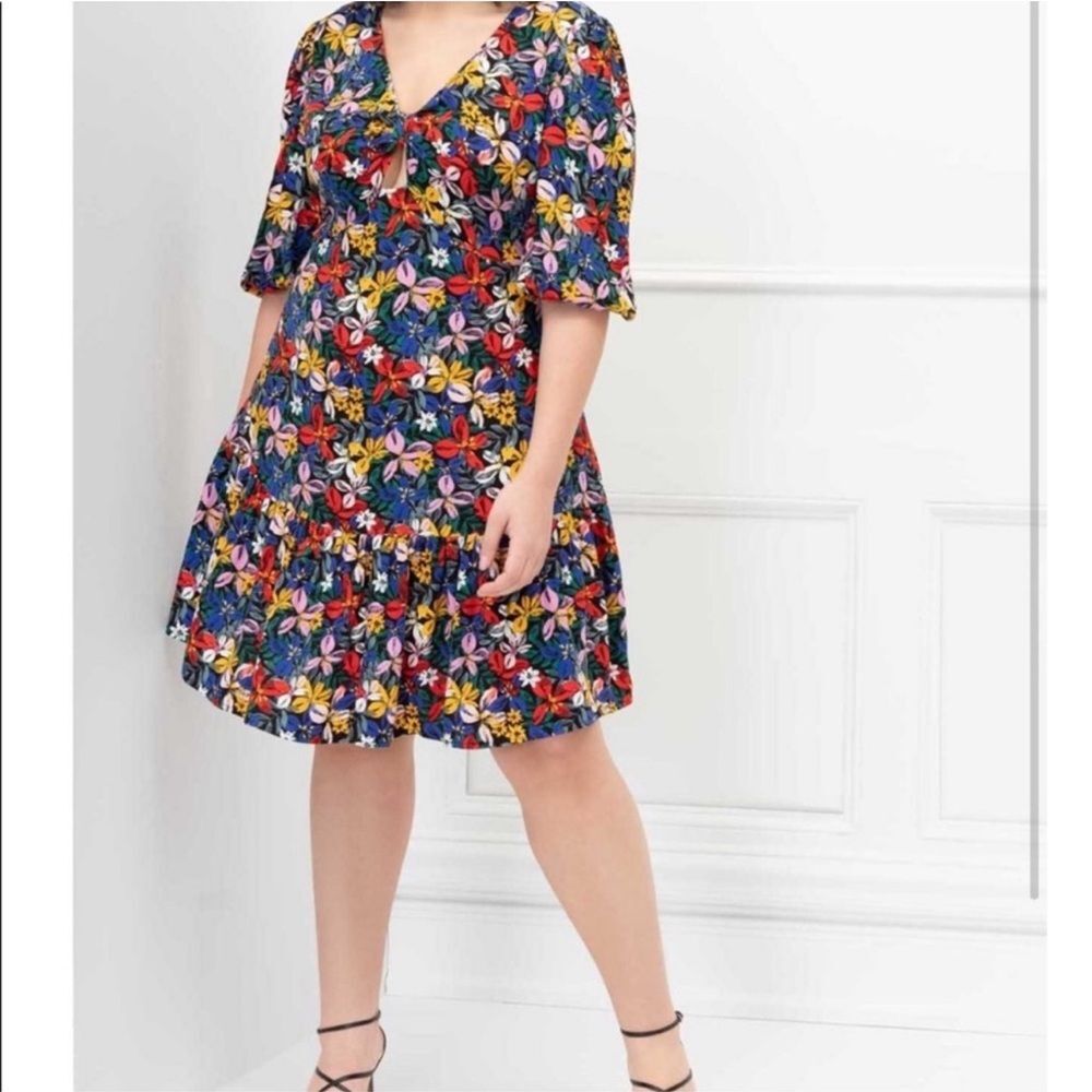 ELOQUII Elements Black Multi Color Floral Print Flounce Mini Dress Size 20 EUC!